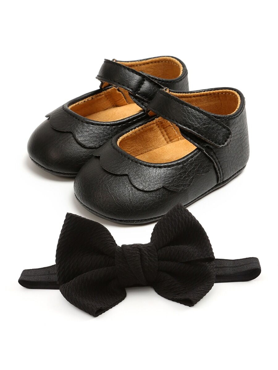 Soft Shoes With Bowknot headband- Baby Girl